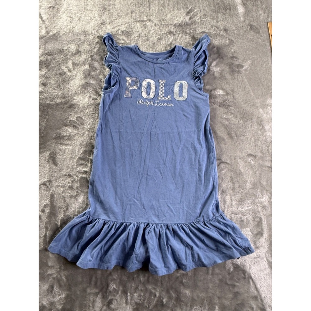 Polo Ralph Lauren Floral Patchwork Logo Dress Girls Ruffle Sleeve Knit M Blue